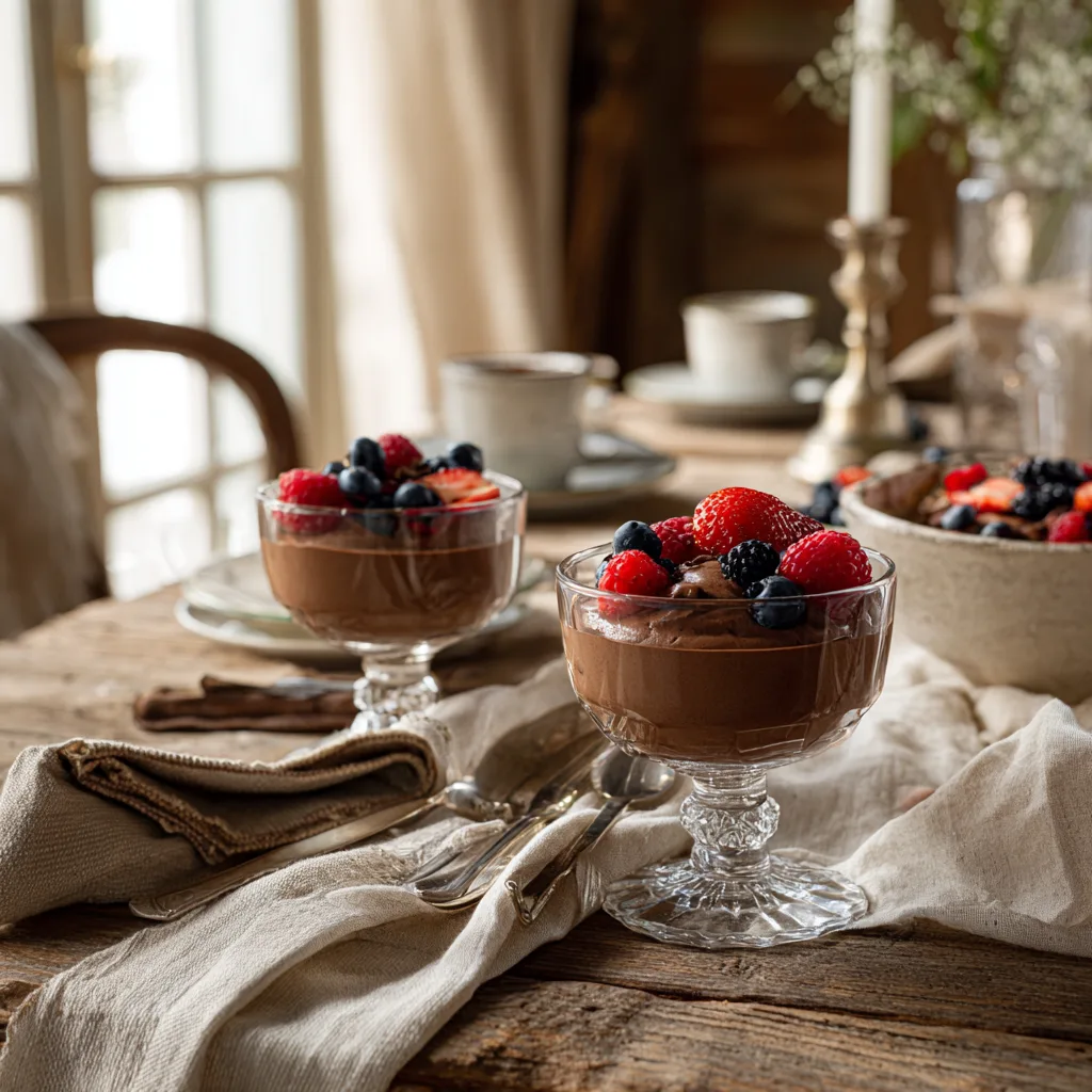 Mousse au Chocolat serviert auf gedecktem Tisch mit Beilagen