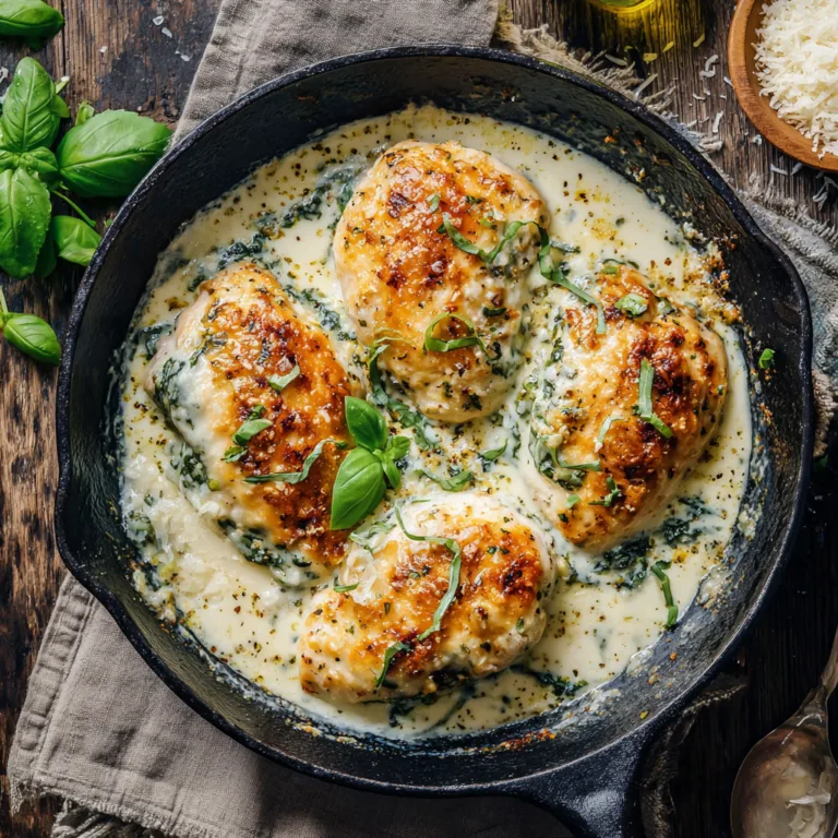 Mozzarella-Hähnchen in Basilikum-Sahnesauce in Pfanne mit geschmolzenem Käse und frischem Basilikum