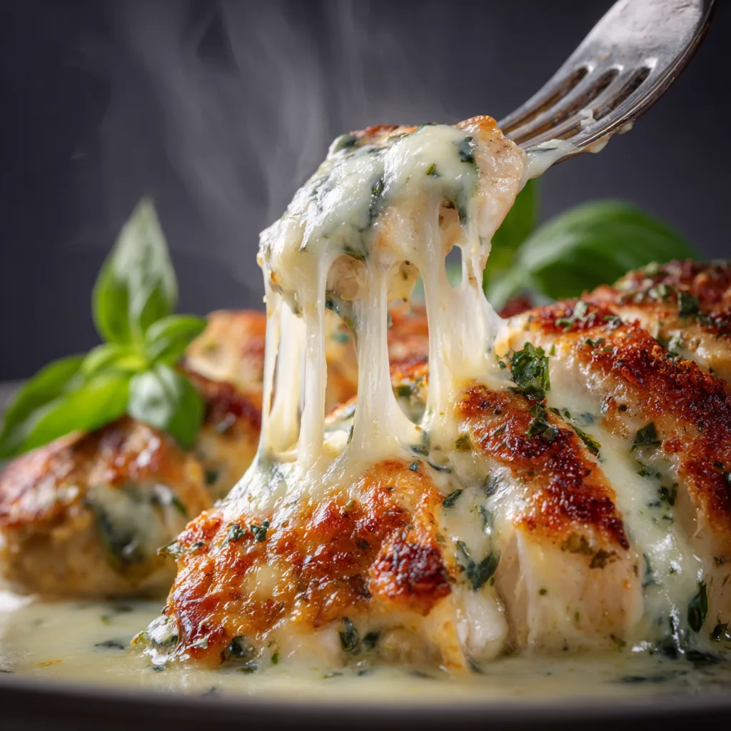 Nahaufnahme von zartem Mozzarella-Hähnchen in Basilikum-Sahnesauce mit schmelzendem Käse