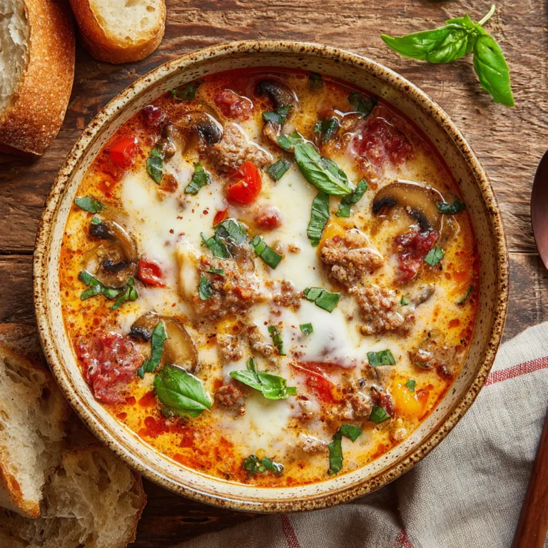 Omas Pizzasuppe in rustikaler Schüssel mit geschmolzenem Käse, Salami und Gemüse von oben fotografiert