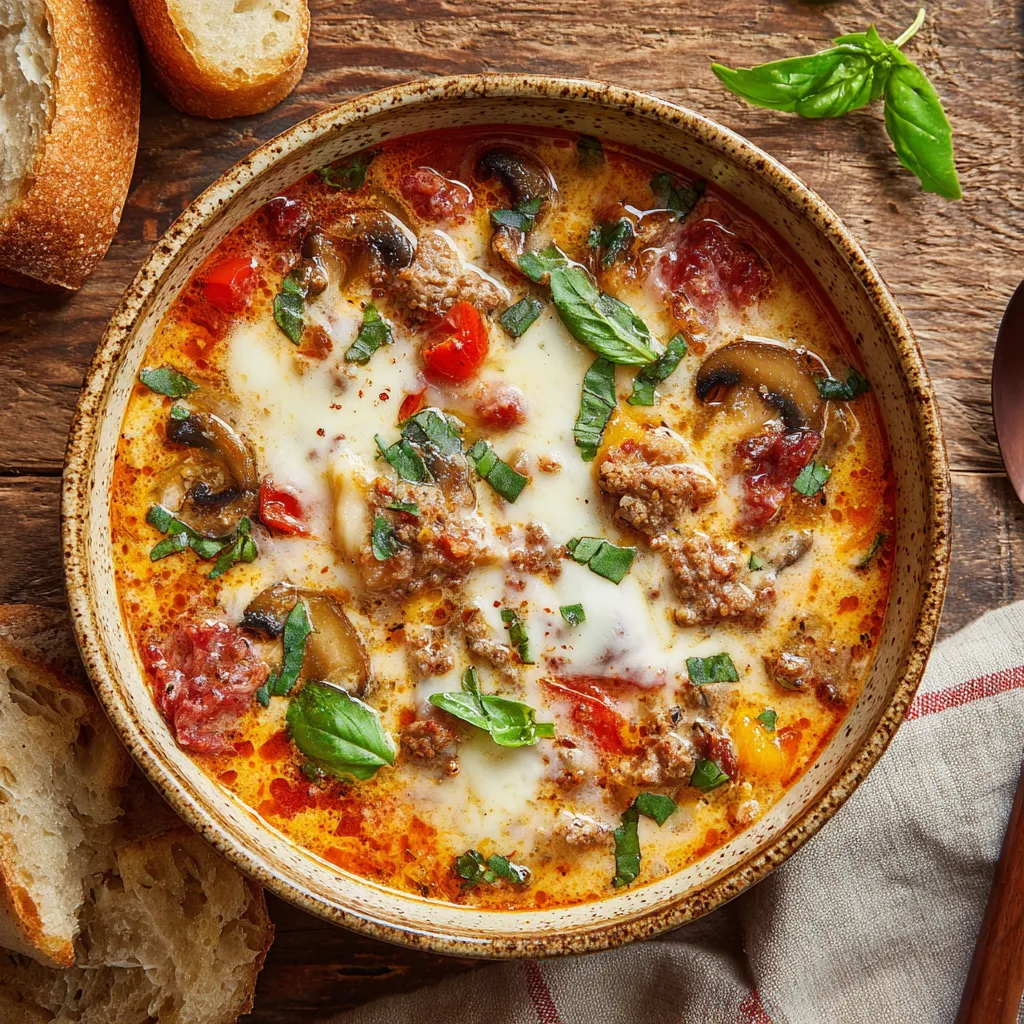 Omas Pizzasuppe in rustikaler Schüssel mit geschmolzenem Käse, Salami und Gemüse von oben fotografiert