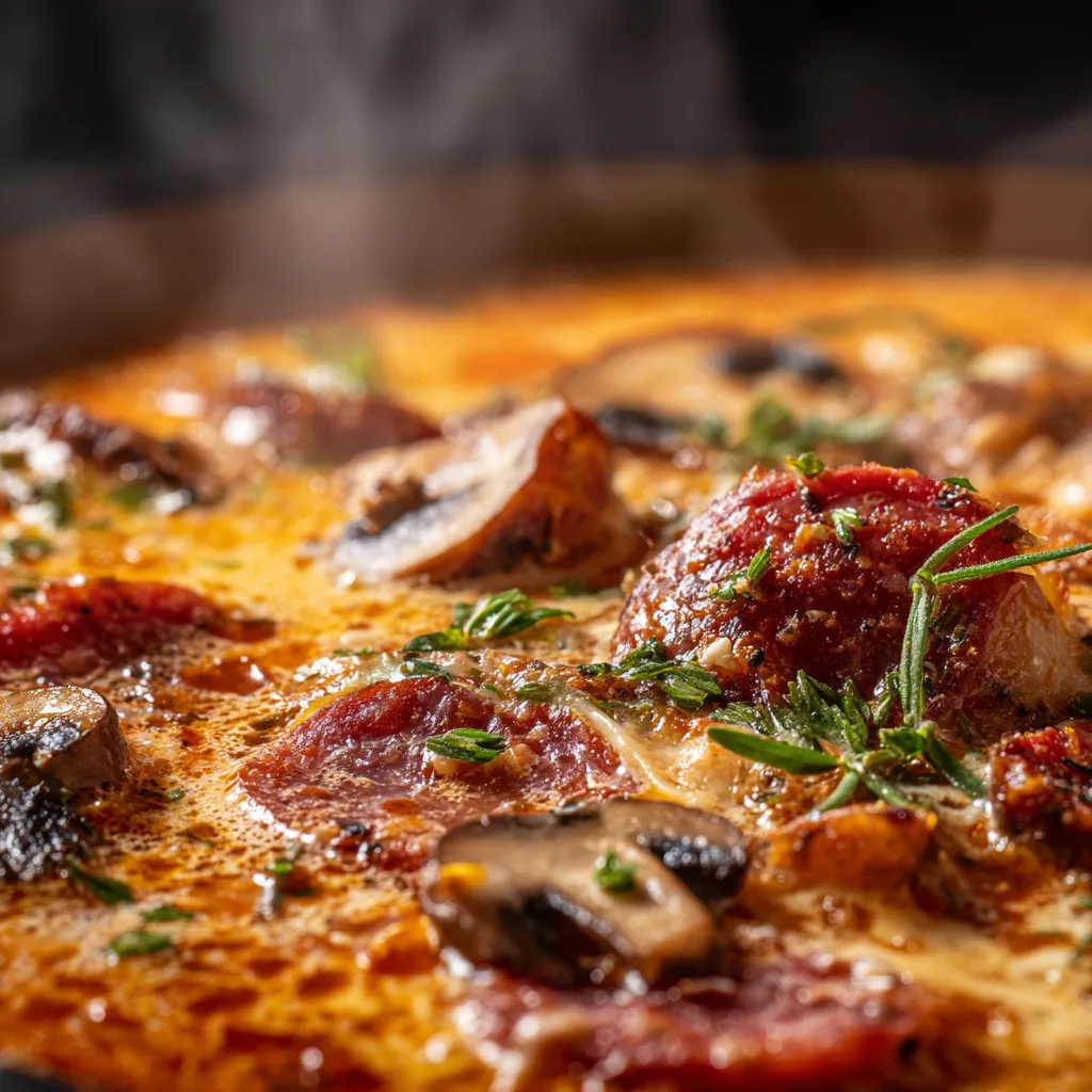 Nahaufnahme von Omas Pizzasuppe mit schmelzendem Käse und italienischen Zutaten