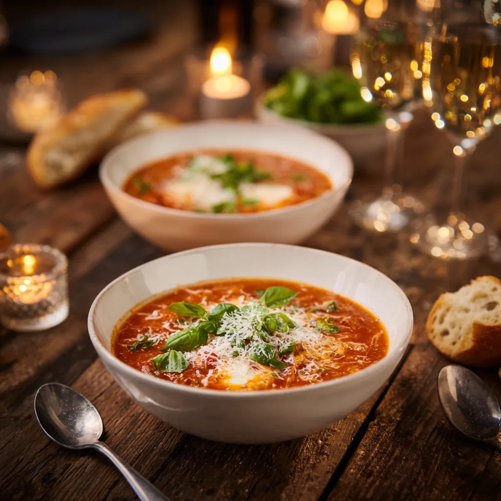 Servierfertige Omas Pizzasuppe auf gedecktem Tisch mit Brot und Beilagen