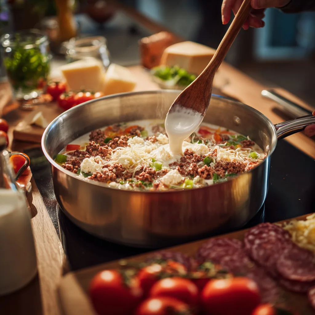 Zubereitung von Omas Pizzasuppe im Topf mit frischen Zutaten auf dem Herd