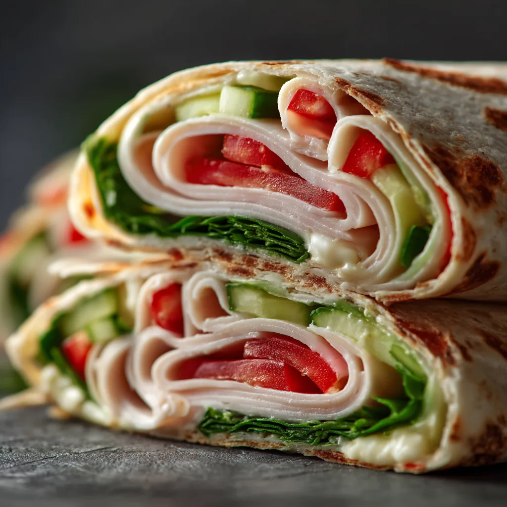 Nahaufnahme Party Wraps mit Frischkäse und Putenbrust Querschnitt zeigt Schichten