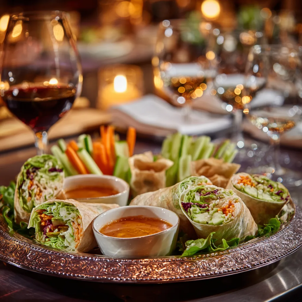 Party Wraps mit Frischkäse und Putenbrust serviert auf gedecktem Tisch mit Beilagen