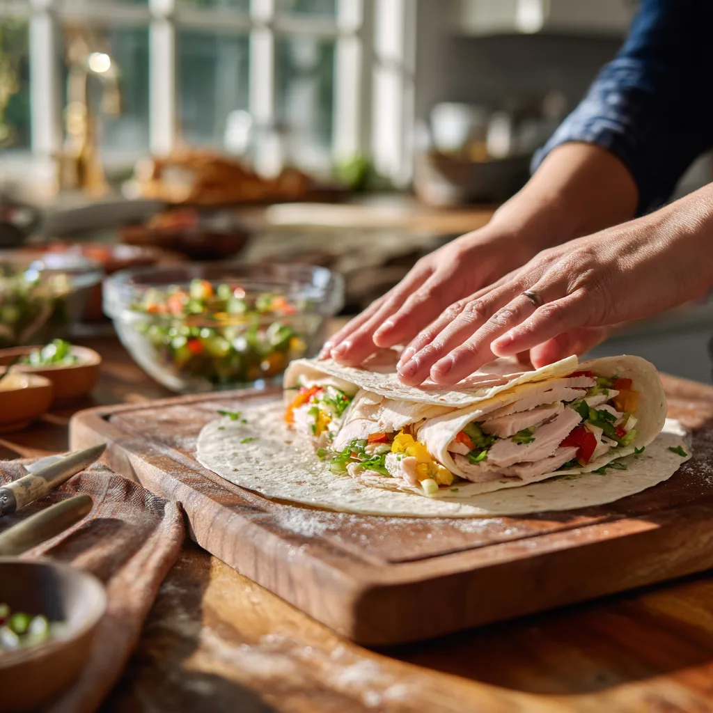 Zubereitung Party Wraps mit Frischkäse und Putenbrust Tortilla rollen in der Küche
