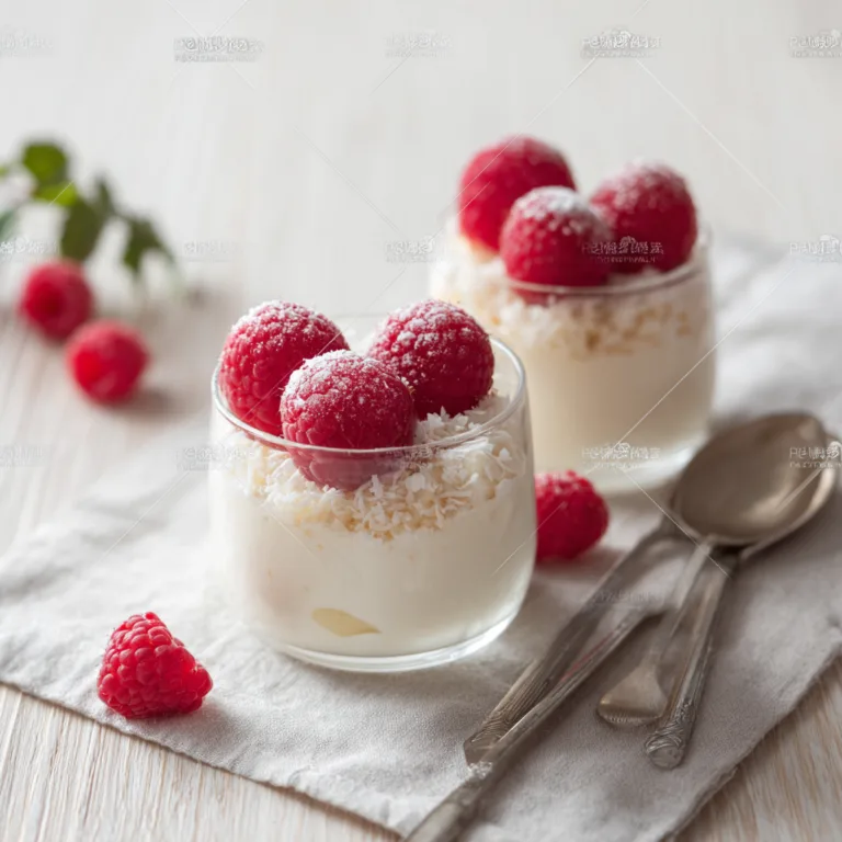 Raffaello-Creme Dessert in Gläsern mit Kokos und Raffaello in Draufsicht