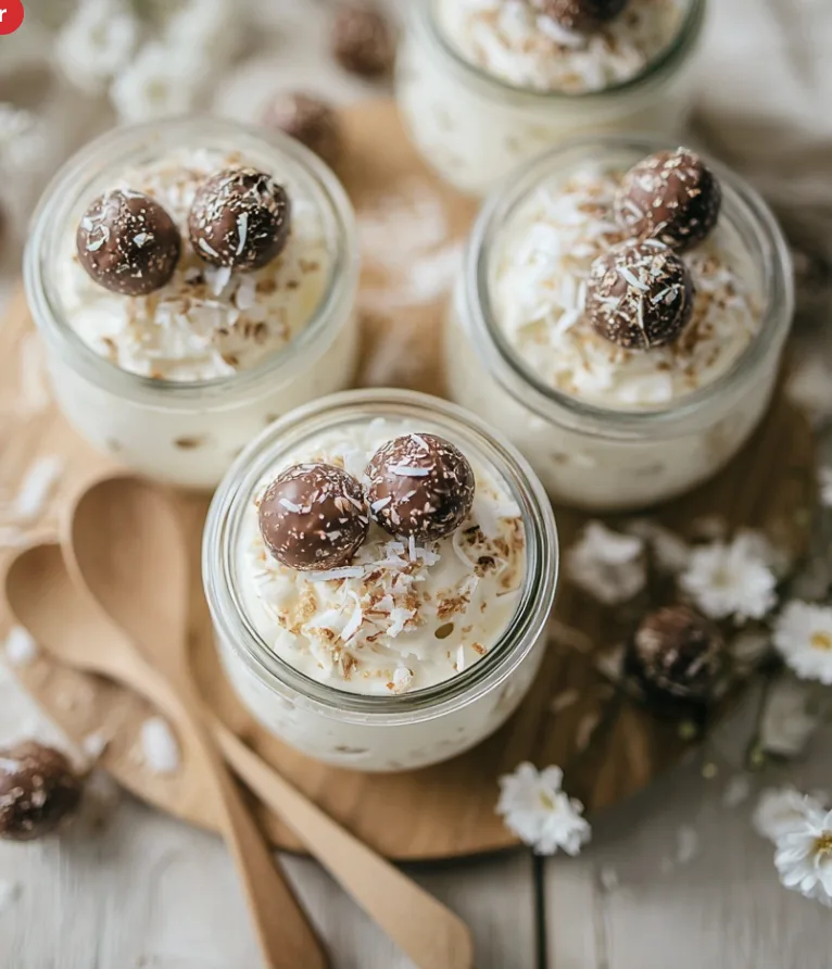 Raffaello-Creme im Glas als cremiges Kokos-Dessert von oben