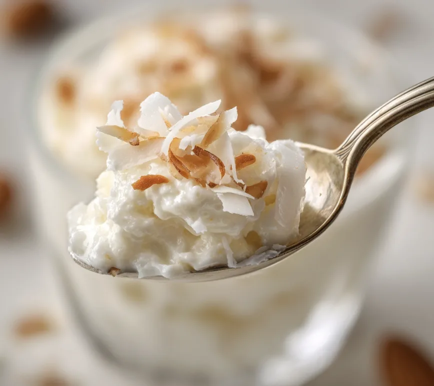 Nahaufnahme von Raffaello-Creme mit sichtbaren Kokosraspeln