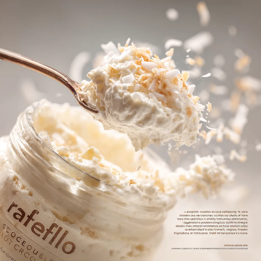Nahaufnahme von cremiger Raffaello-Creme mit Kokosraspeln auf einem Löffel