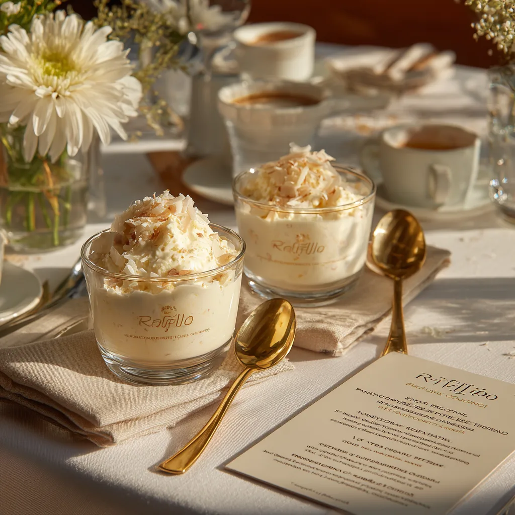 Raffaello-Creme stilvoll serviert auf einem gedeckten Tisch mit Löffeln und Blumen