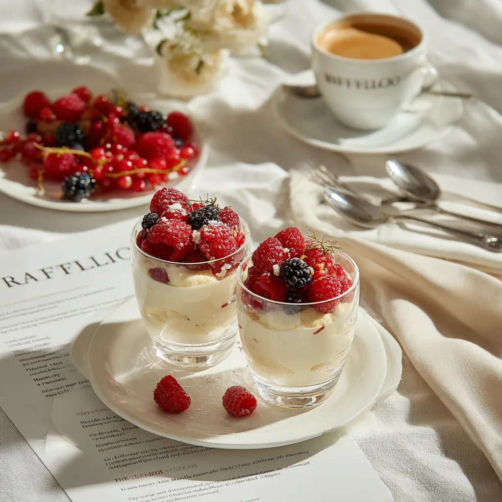 Servierte Raffaello-Creme auf gedecktem Tisch mit Beeren