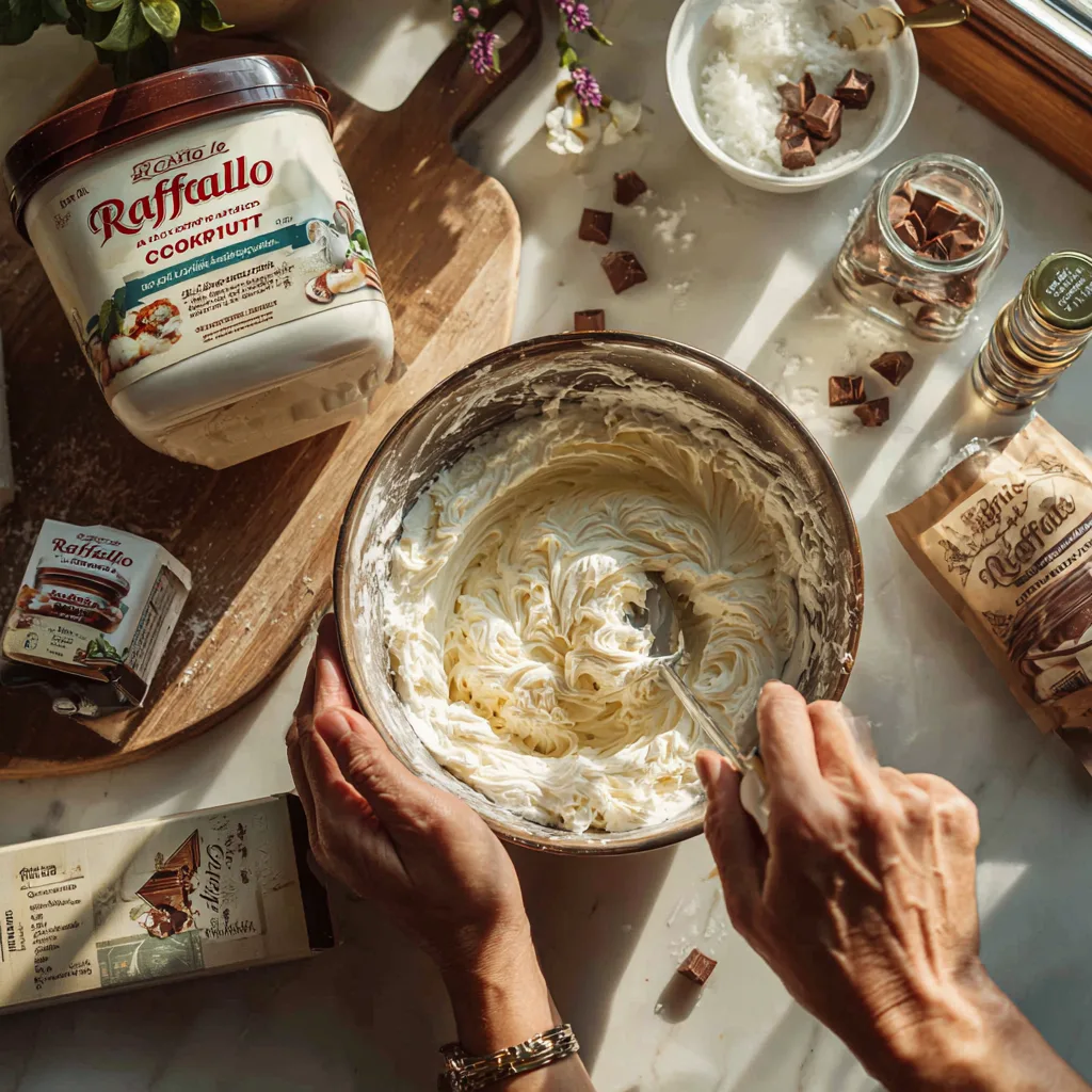 Zubereitung von Raffaello-Creme in der Küche mit Schüssel und Rührschüssel