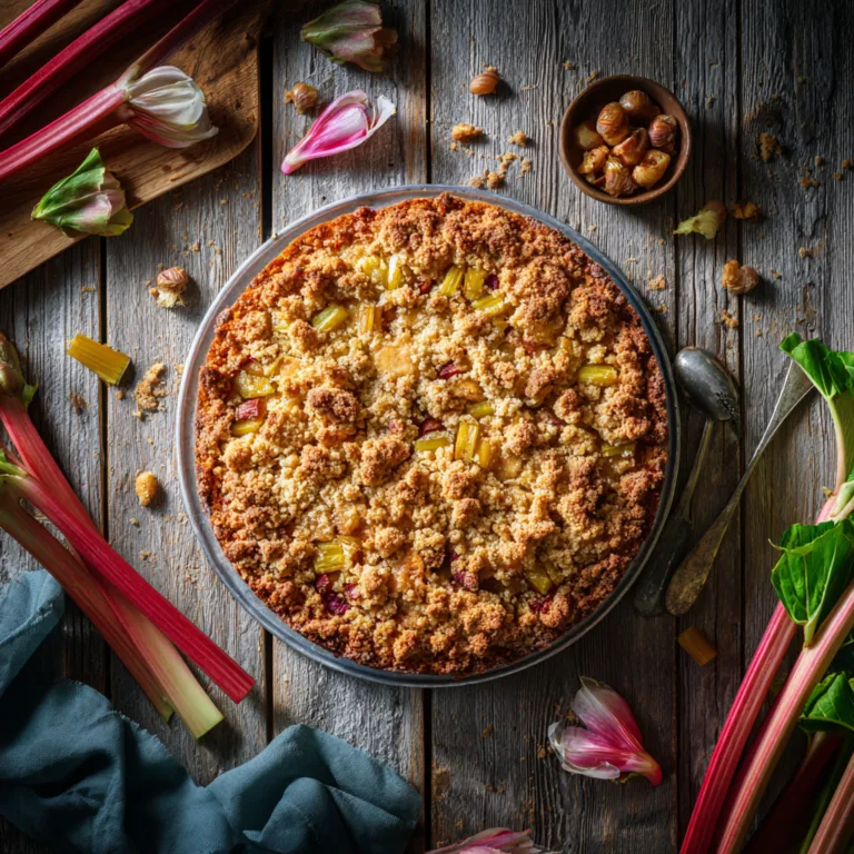 Rhabarberkuchen mit Streuseln von oben auf Holztisch mit frischen Zutaten