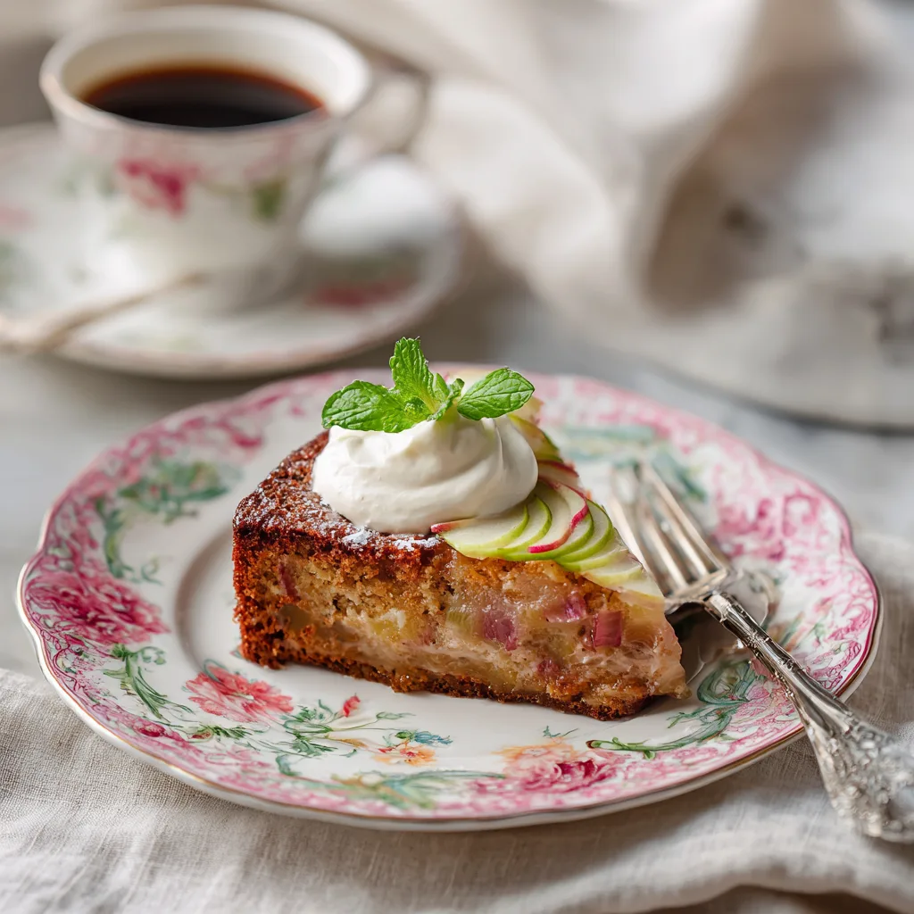 Rhabarberkuchen elegant serviert mit Sahne auf Teller neben Kaffeetasse