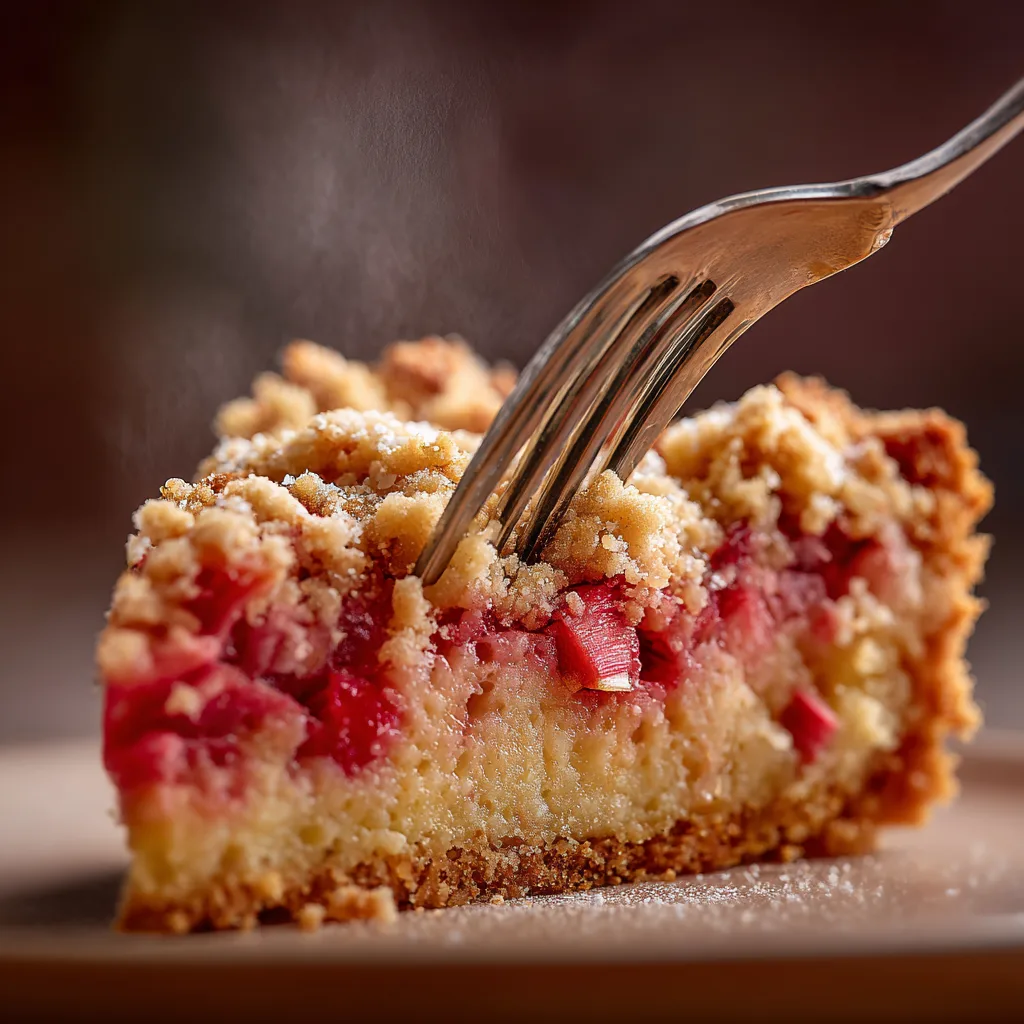 Nahaufnahme Rhabarberkuchen-Stück zeigt saftige Füllung und mürben Teigboden