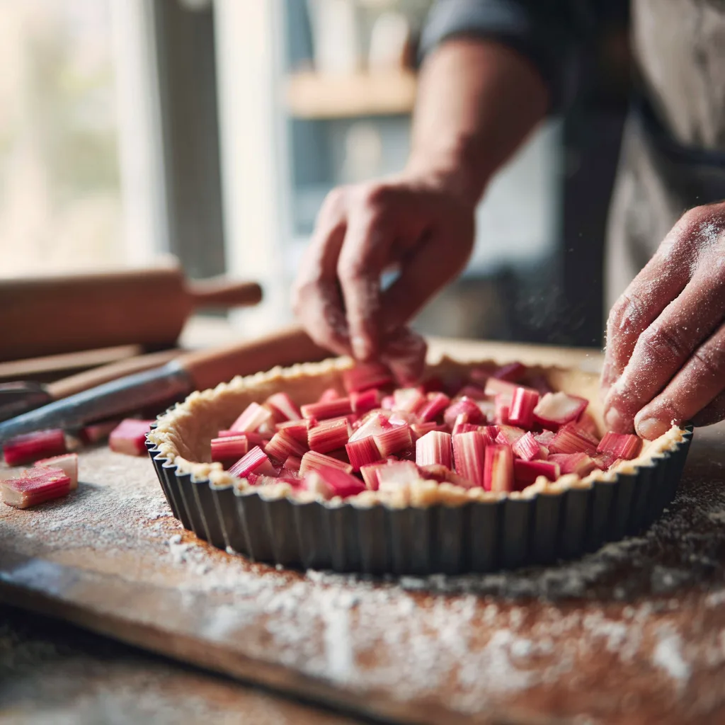 Rhabarberkuchen Zubereitung in der Küche mit frischem Rhabarber auf Mürbeteig