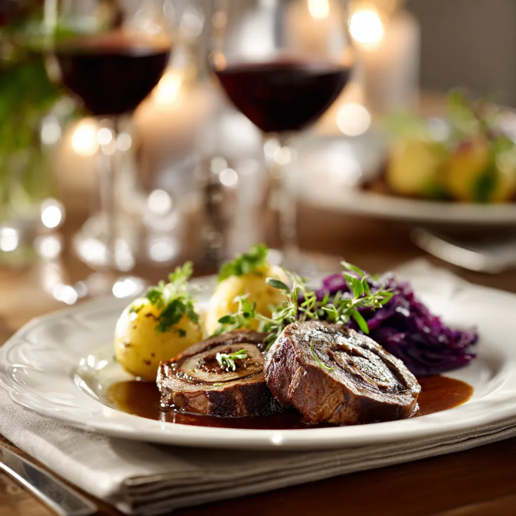 Elegant angerichtete Rinderrouladen auf weißem Teller mit Soße und Beilagen