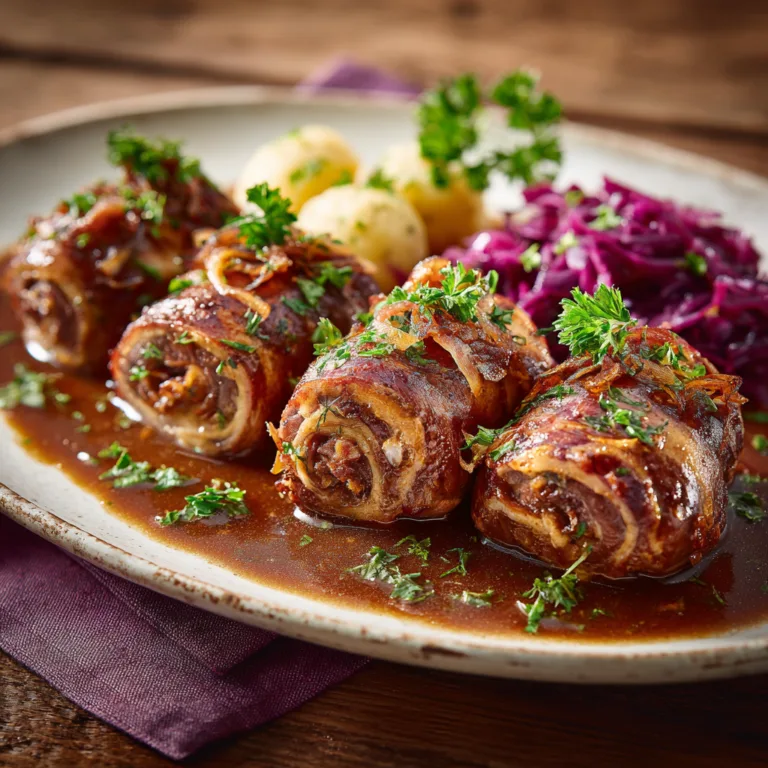 Klassische deutsche Rinderrouladen mit Rotkohl und Kartoffelklößen auf rustikalem Teller serviert