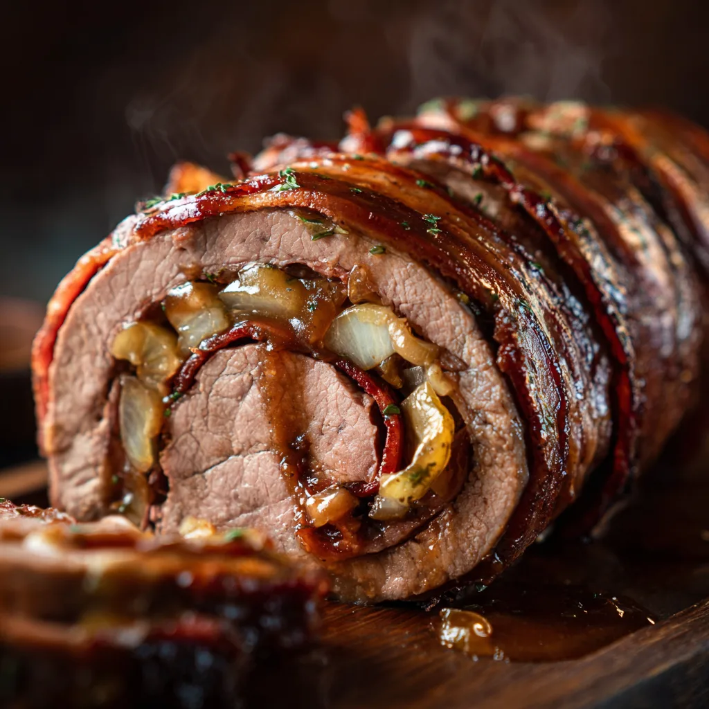 Rinderrouladen im Querschnitt mit sichtbarer Speck-, Zwiebel- und Gurkenfüllung