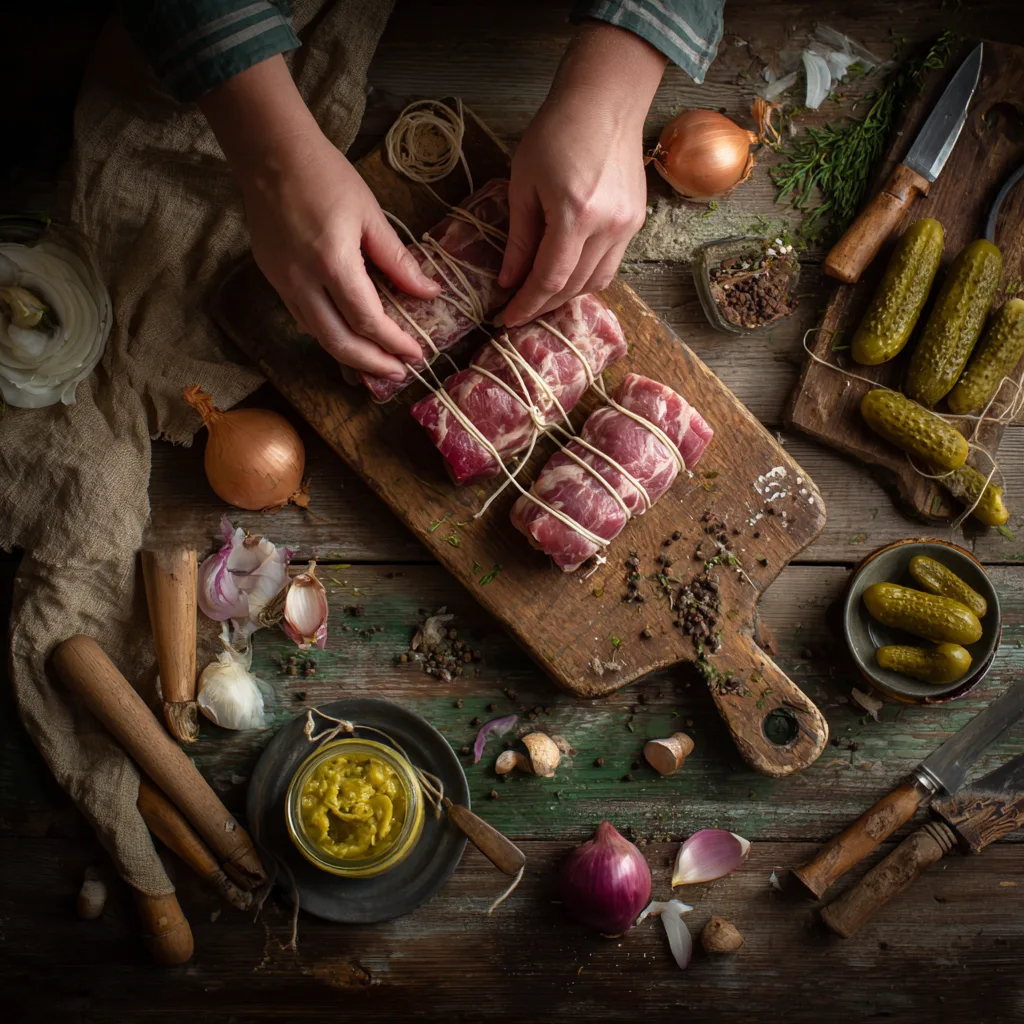 Rinderrouladen werden mit Küchengarn gebunden – Zubereitungsschritt