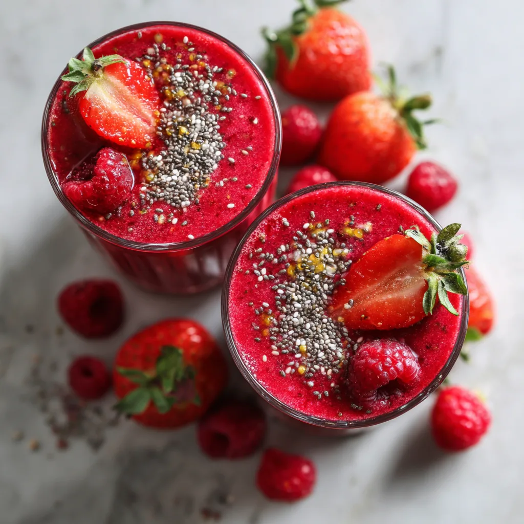 Roter Smoothie in Gläsern mit frischen Beeren garniert von oben fotografiert