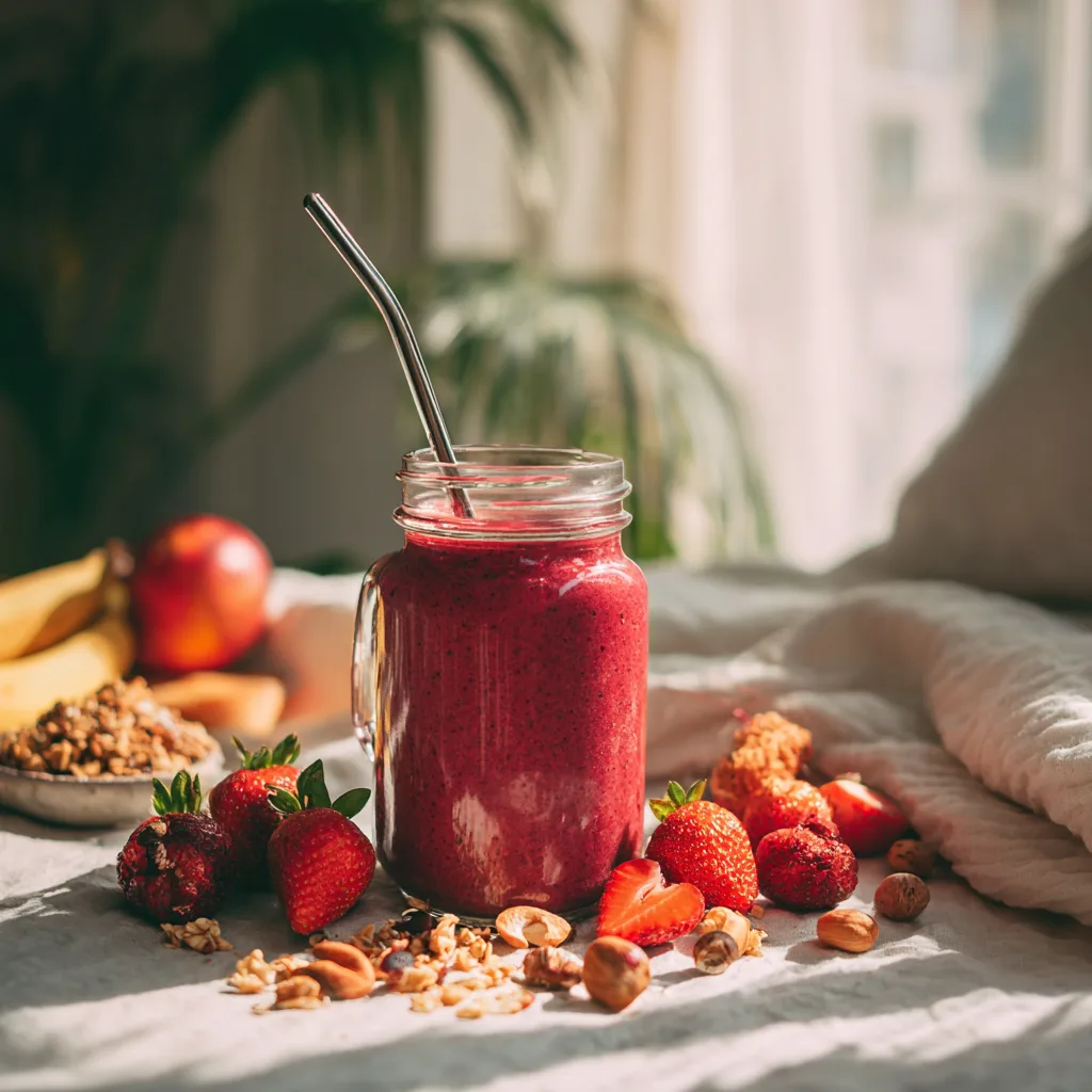 Roter Smoothie im Mason Jar auf gedecktem Frühstückstisch mit Beilagen serviert