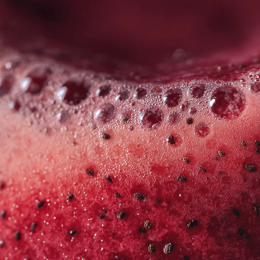 Nahaufnahme der cremigen Textur eines Roten Smoothies mit sichtbaren Chiasamen