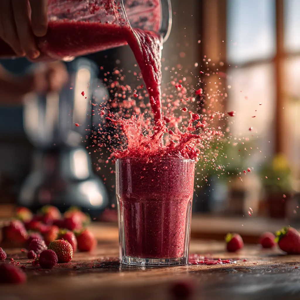 Roter Smoothie wird vom Mixer in ein Glas gegossen mit frischen Beeren im Hintergrund