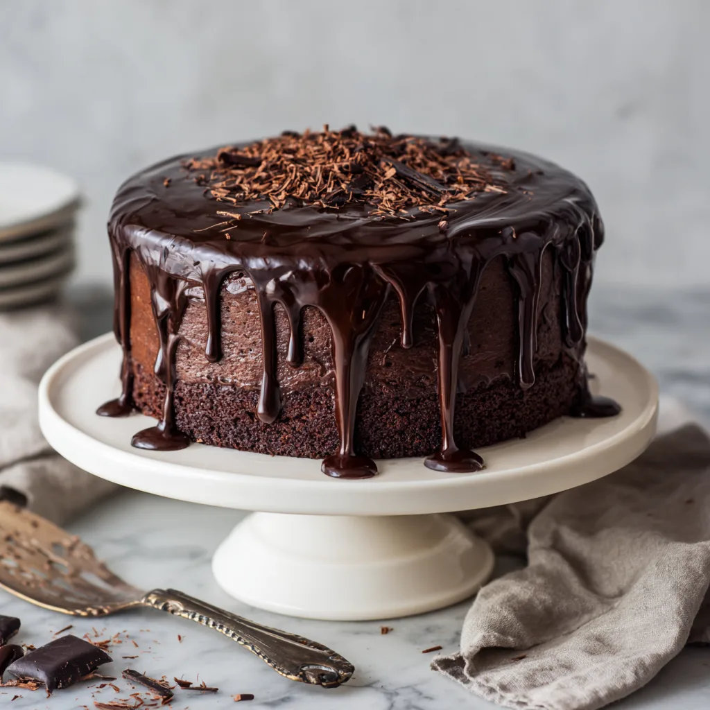 Saftiger Schokoladenkuchen mit Schokoladenglasur auf weißem Kuchenständer, dekoriert mit Schokoladenraspeln