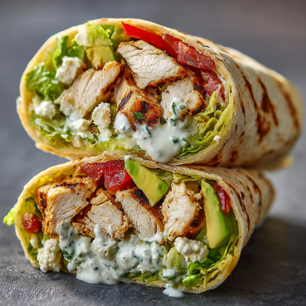 Nahaufnahme eines Schnellen Hähnchen-Wraps im Querschnitt mit sichtbaren Schichten und Zutaten