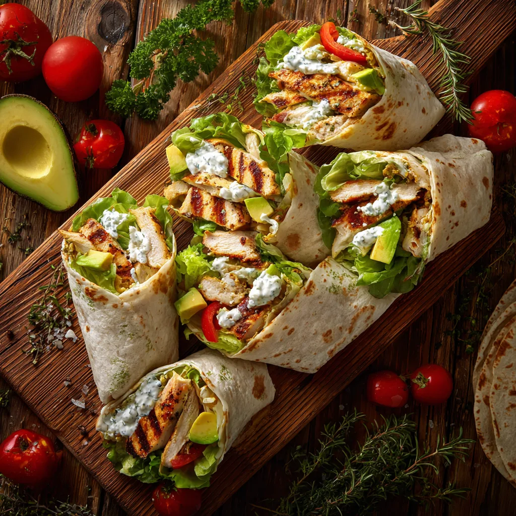 Schnelle Hähnchen-Wraps mit Gemüse und cremiger Joghurt-Soße auf Holzbrett angerichtet