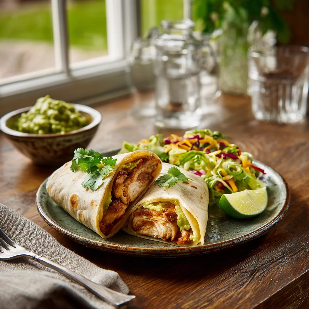 Schnelle Hähnchen-Wraps angerichtet auf Teller mit Guacamole, Salat und Beilagen