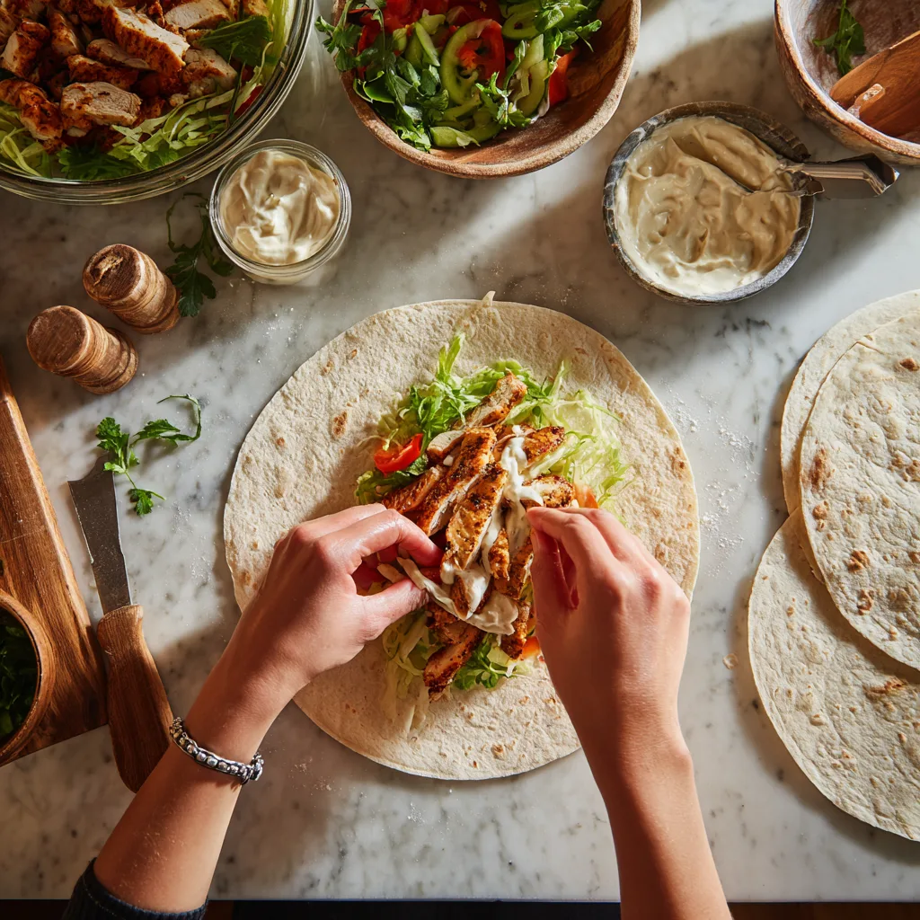 Zubereitung von Schnellen Hähnchen-Wraps in der Küche mit frischen Zutaten und Tortillas