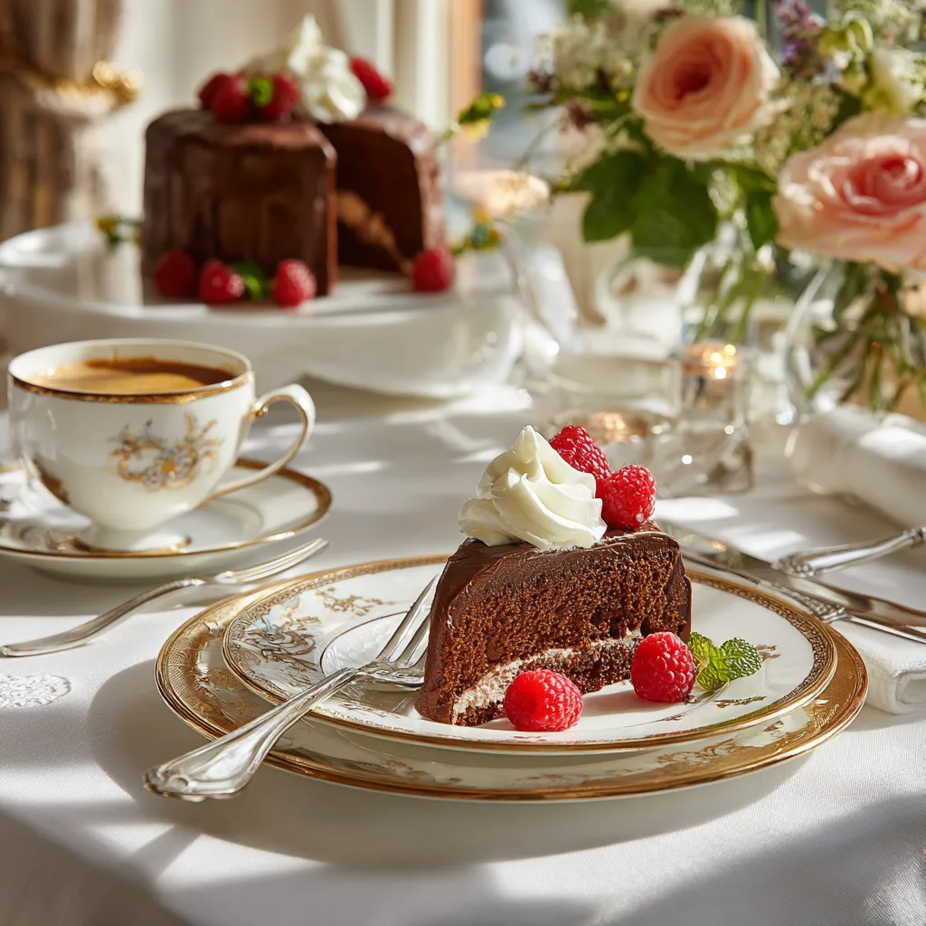 Elegantes Stück Schokoladenkuchen serviert mit Sahne und frischen Beeren auf Porzellanteller