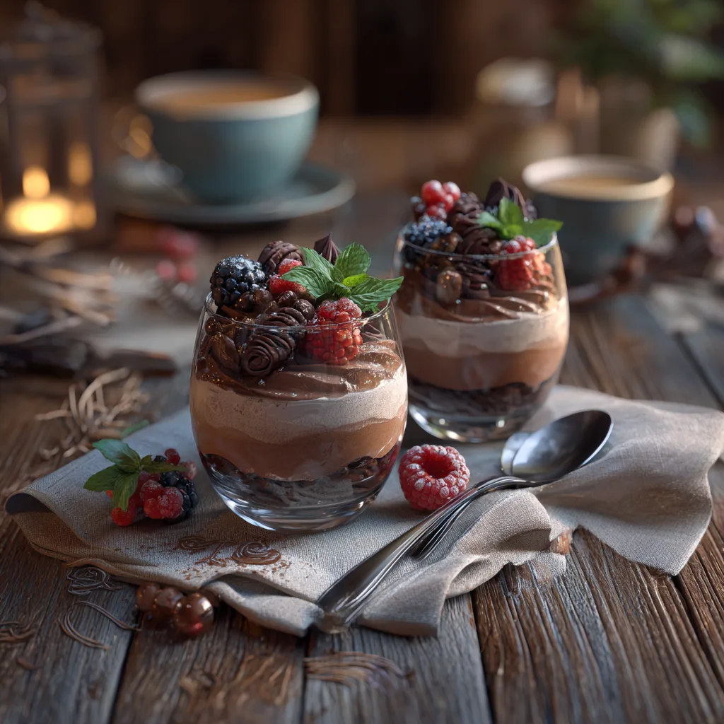 Schokoladenmousse als Dessert auf einem gedeckten Tisch serviert