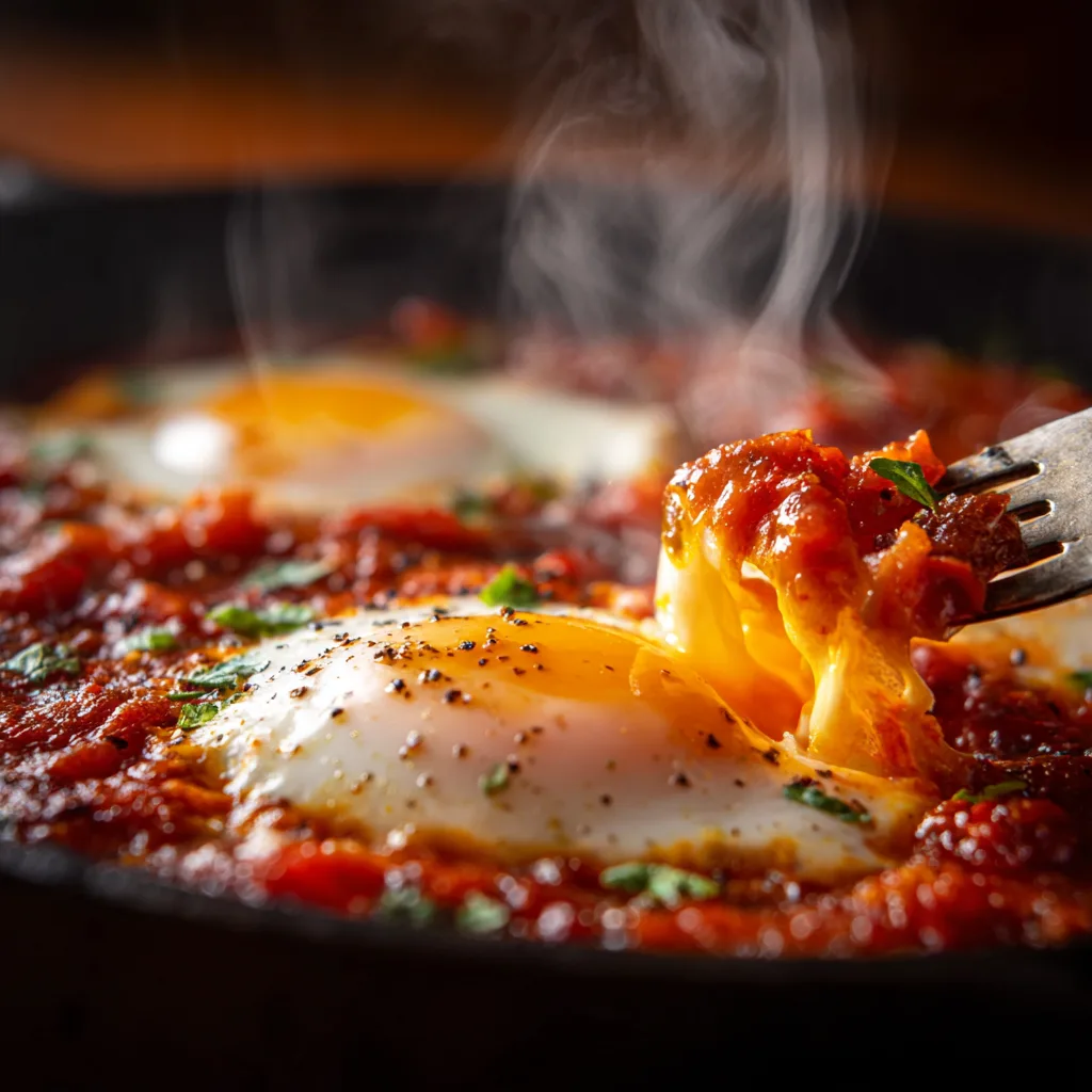 Nahaufnahme Shakshuka mit aufgebrochenem Ei und flüssigem Eigelb in Tomatensauce