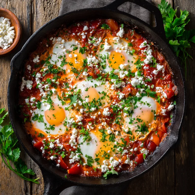 Shakshuka Rezept mit pochierten Eiern in würziger Tomatensauce serviert in Gusseisenpfanne
