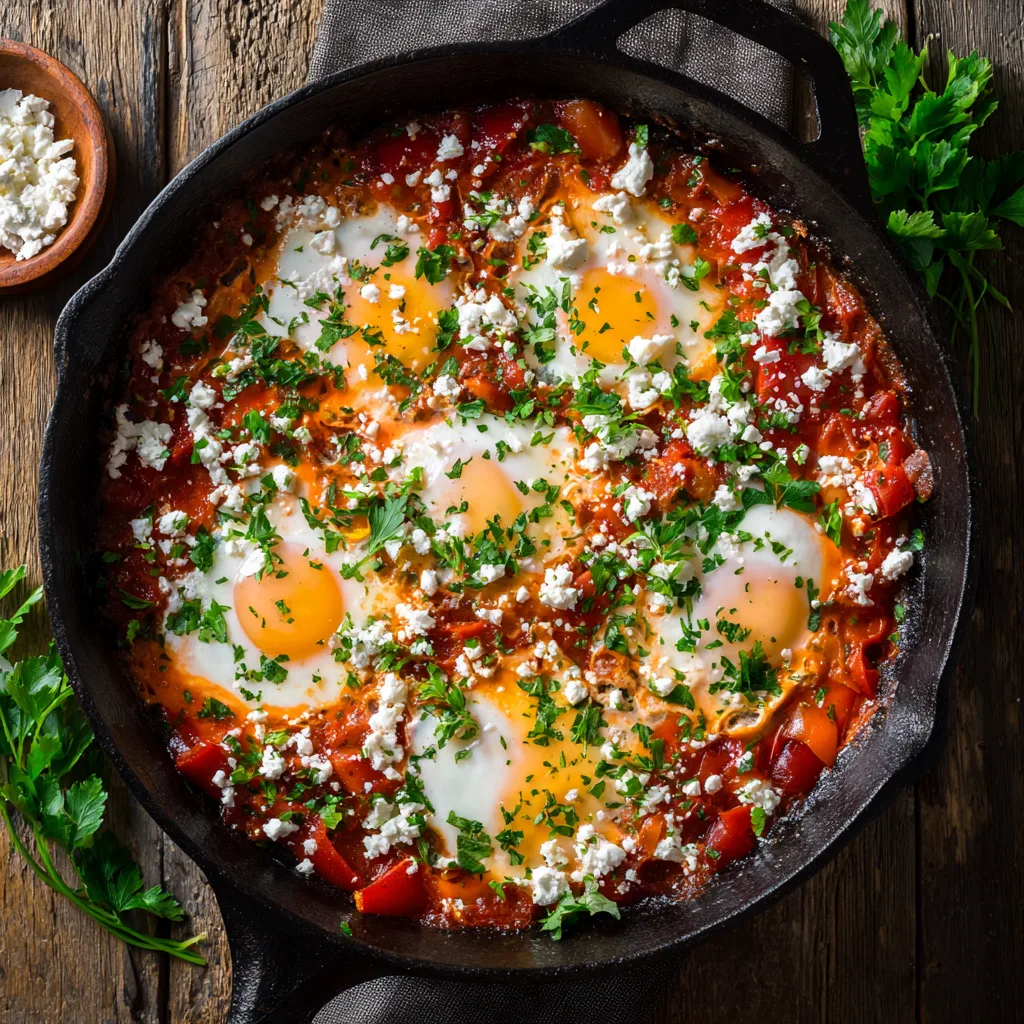 Shakshuka Rezept mit pochierten Eiern in würziger Tomatensauce serviert in Gusseisenpfanne