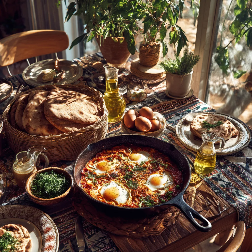 Shakshuka serviert mit Fladenbrot und mediterranen Beilagen zum Frühstück