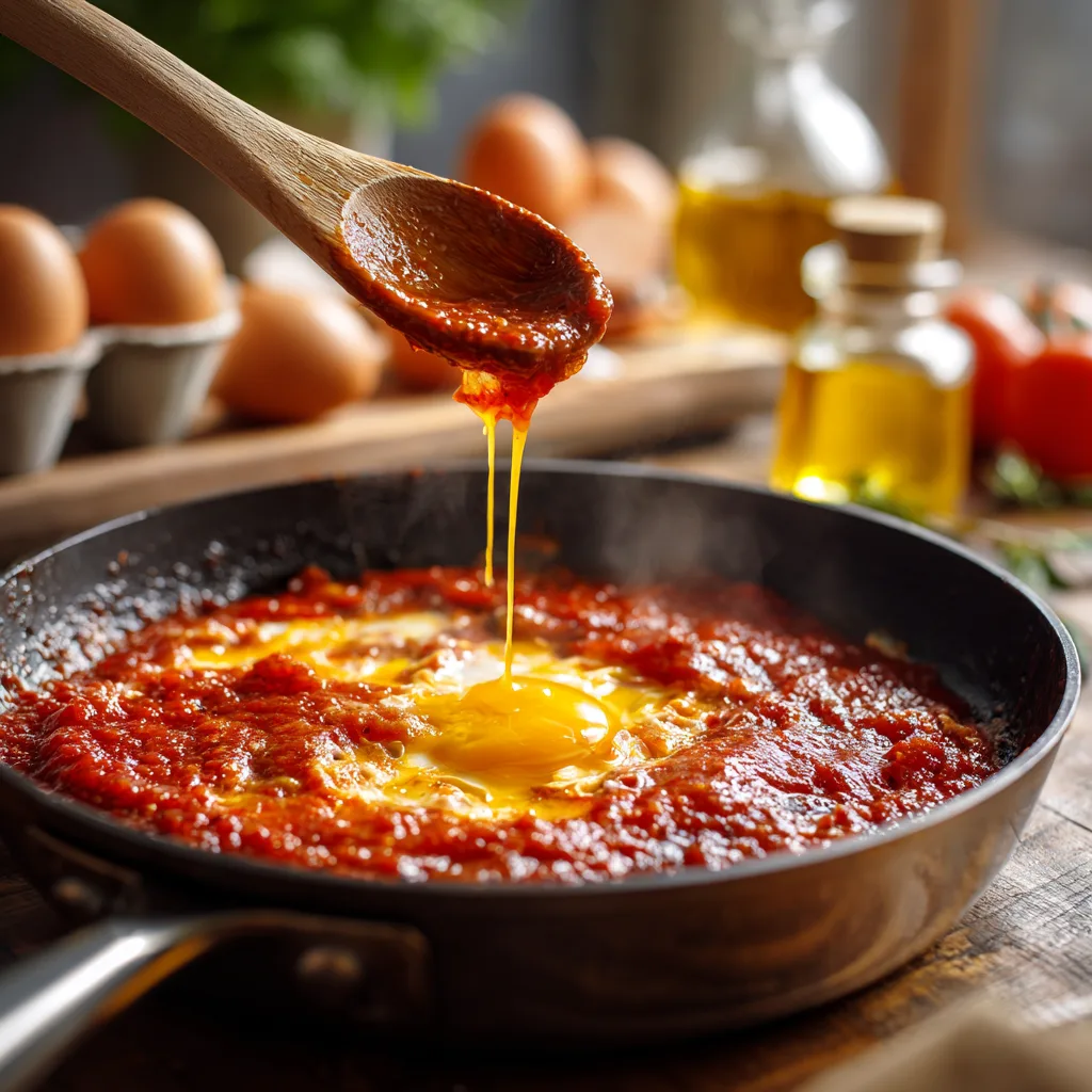 Shakshuka Zubereitung – Eier werden in köchelnde Tomatensauce gegeben