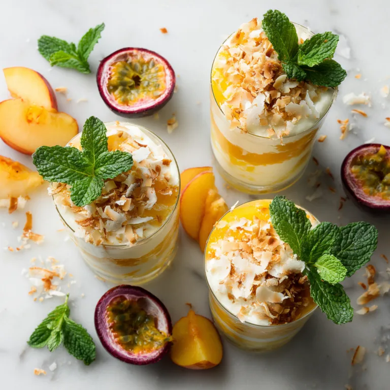 Solero Dessert mit Maracuja und Pfirsichen in Gläsern, Draufsicht auf cremiges Sommerdessert