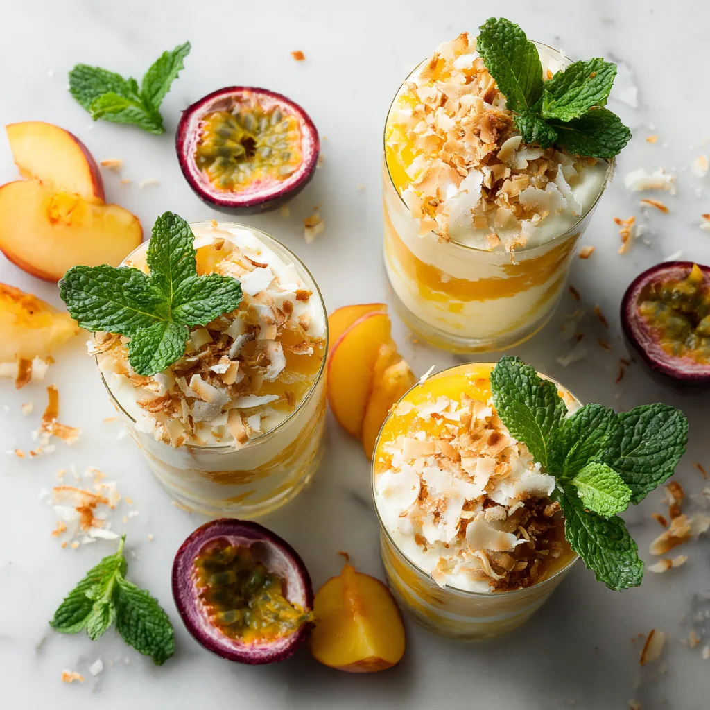Solero Dessert mit Maracuja und Pfirsichen in Gläsern, Draufsicht auf cremiges Sommerdessert