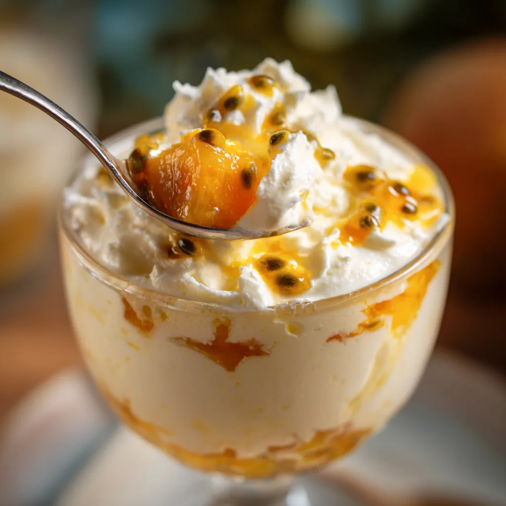 Nahaufnahme der cremigen Textur vom Solero Dessert mit sichtbaren Fruchtschichten