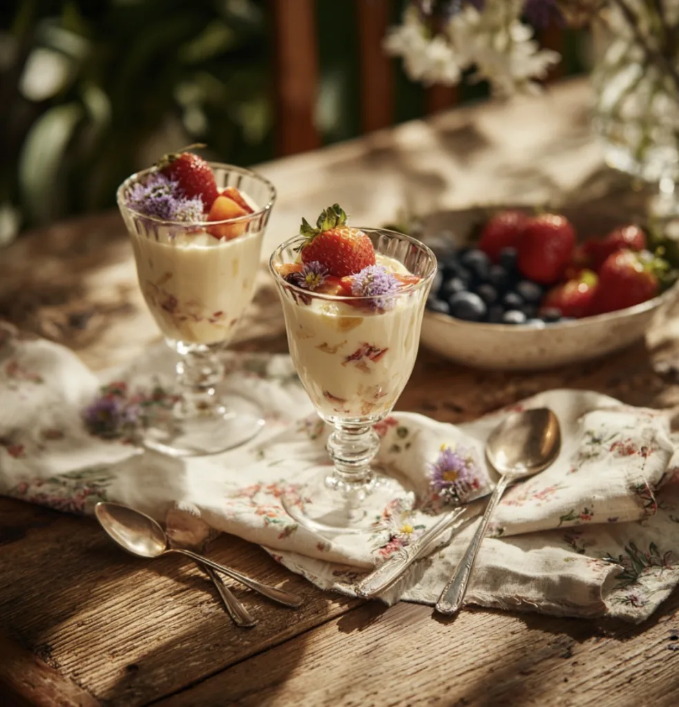 Servierfertige Solero Dessert Gläser auf sommerlich gedecktem Tisch mit Dekoration
