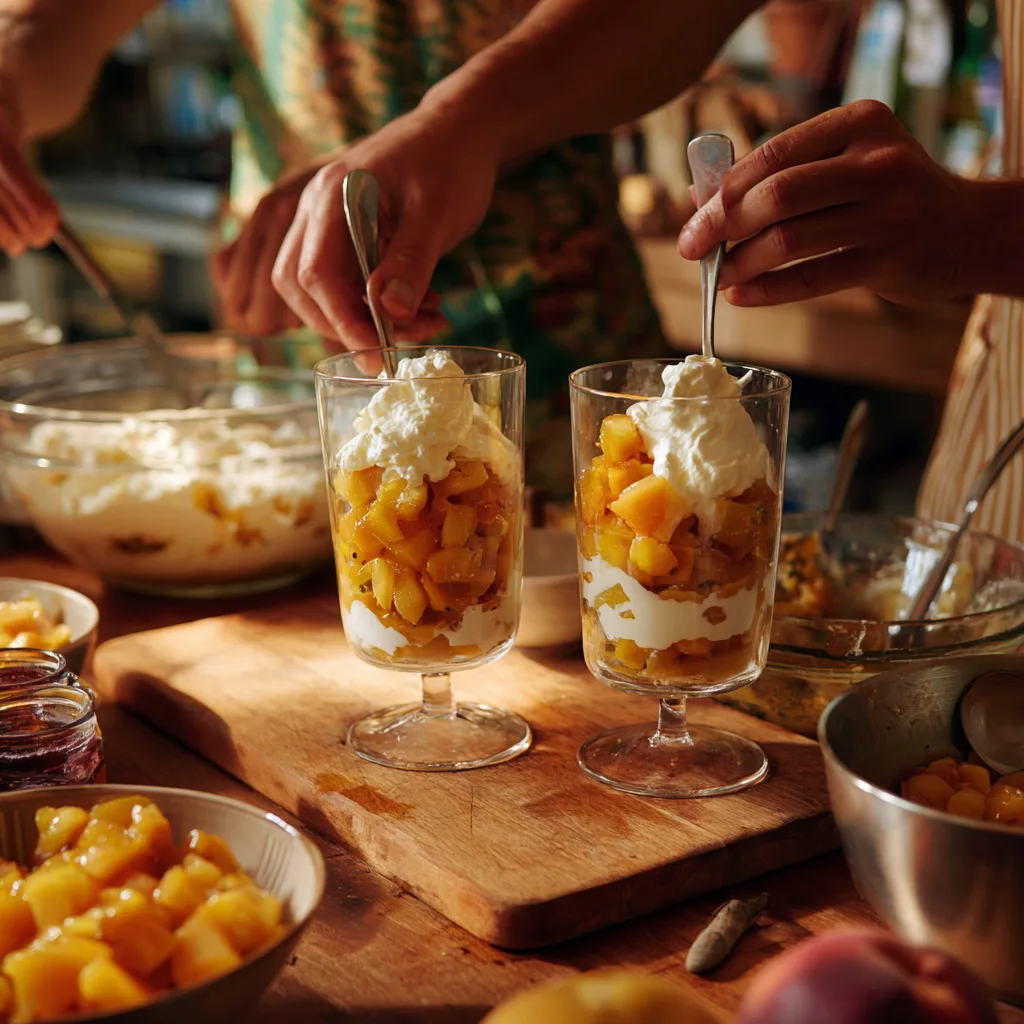 Zubereitung vom Solero Dessert in der Küche, Schichten von Früchten und Creme