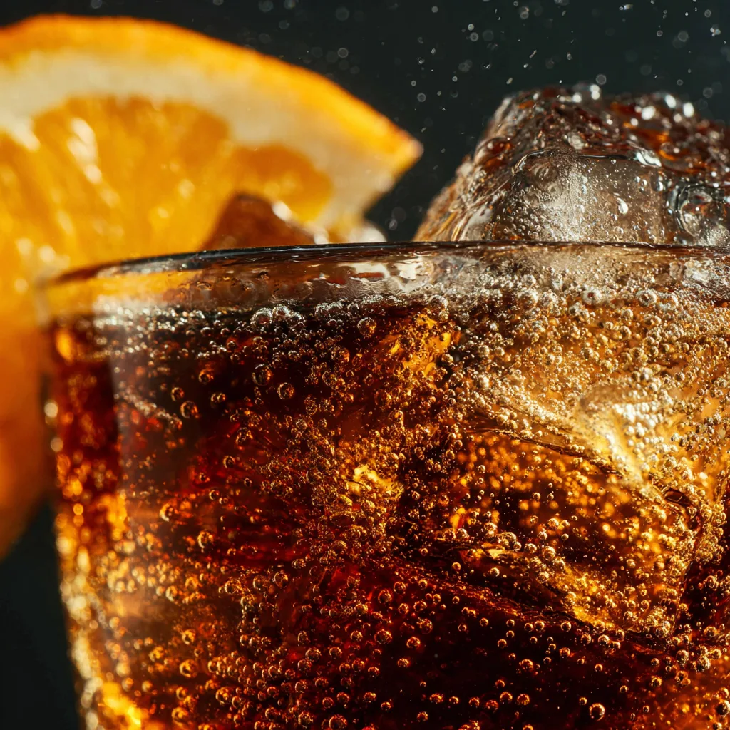 Spezi Nahaufnahme mit Kohlensäure Blasen und Eiswürfeln im Detail