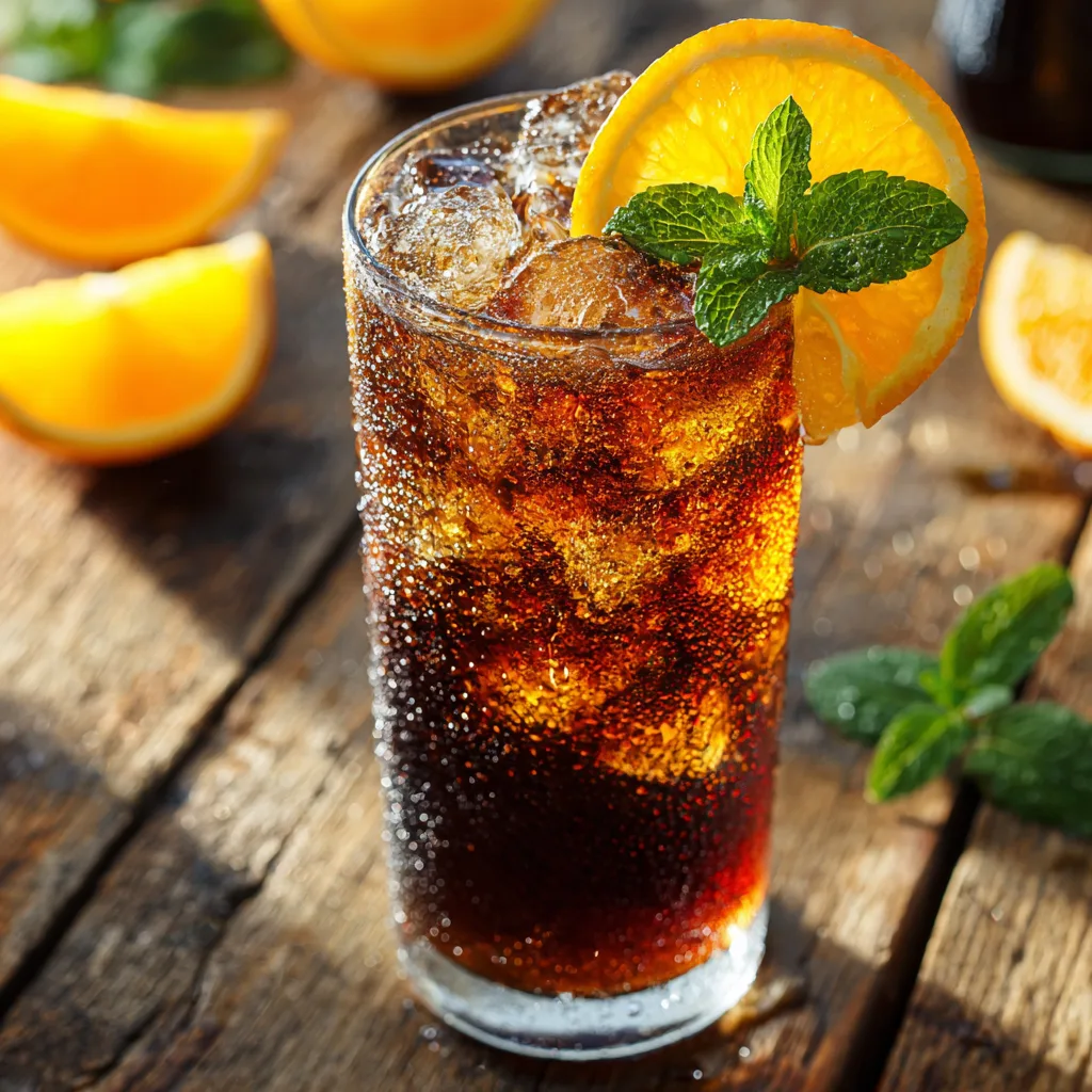 Spezi Getränk in Glas von oben mit Orangenscheibe und Eiswürfeln auf Holztisch