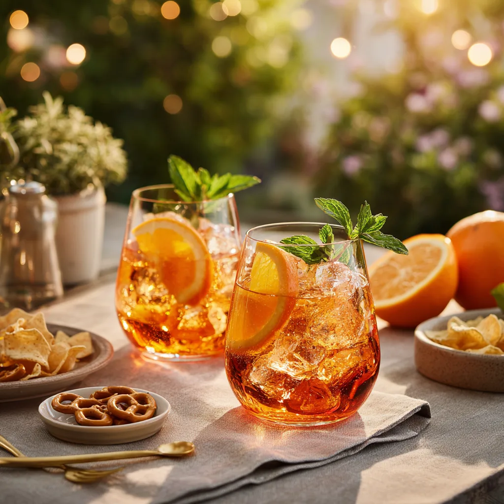Spezi servieren zwei Gläser gedeckter Tisch Garten Snacks
